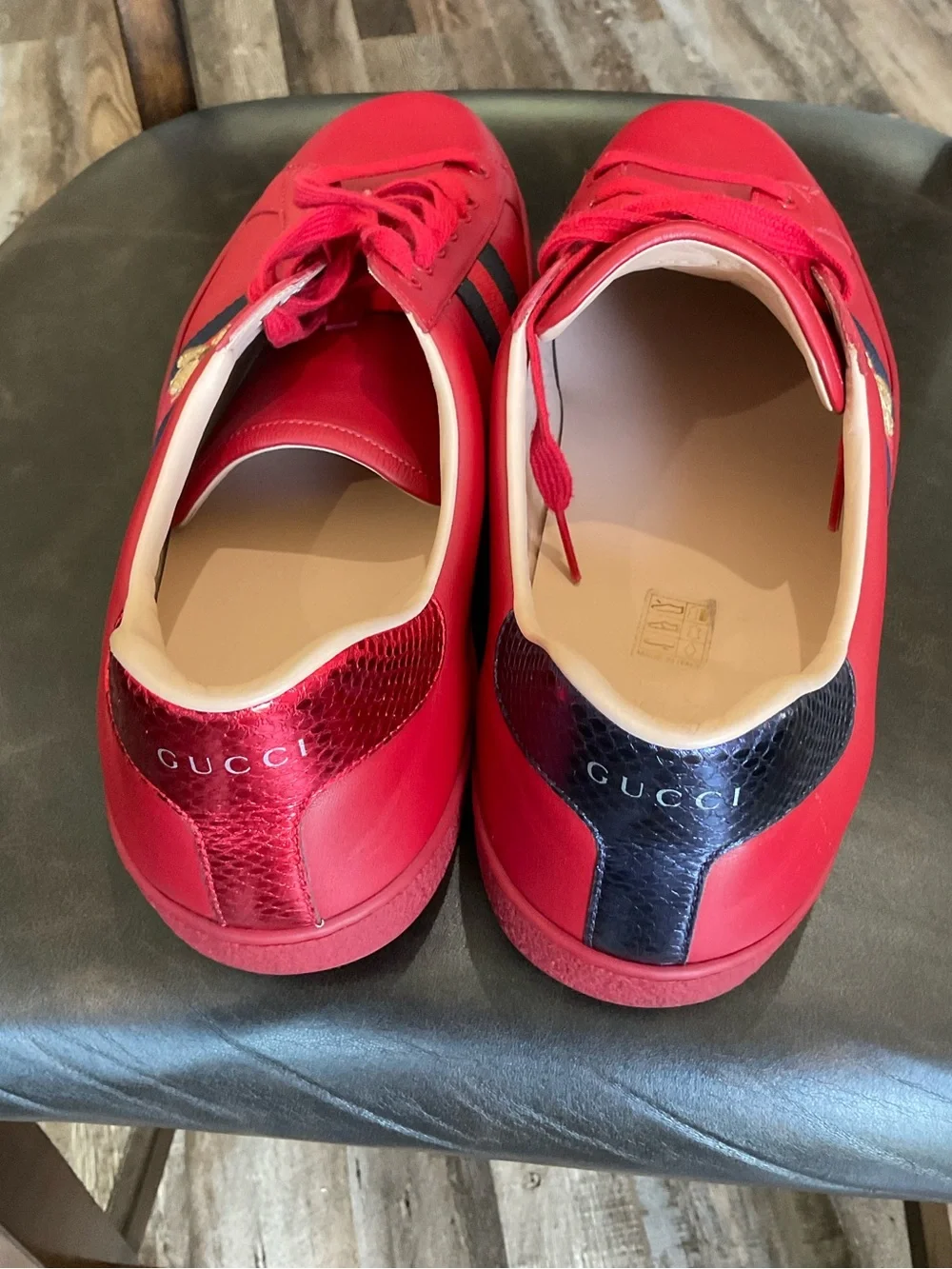 Men's Gucci Red Leather Low-Top Sneakers with Black Stripe